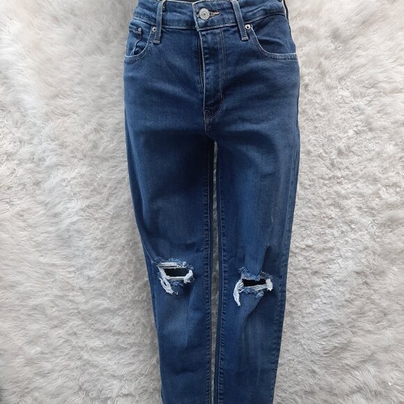 Levi's 721 Woman's Blue High Rise Skinny Distressed Ripped Denim Jeans Size 28 - Picture 1 of 10
